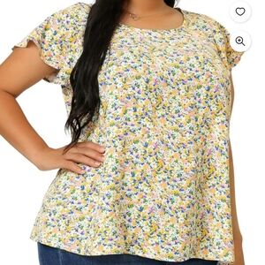 Agnes Orinda Yellow and Floral Short Sleeve Blouse. NWT
